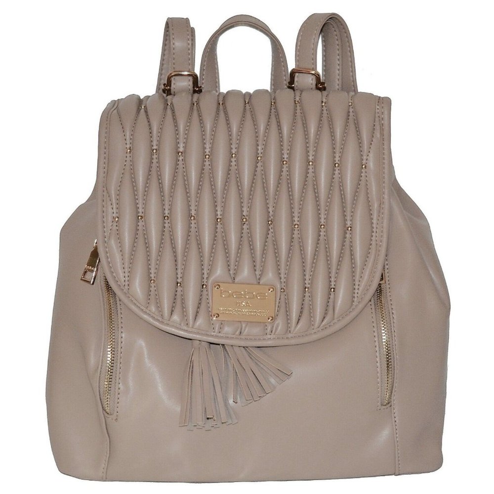NWT bebe Backpack Diamanda Quilt Flap Shoulder Book Bag Purse Taupe $109